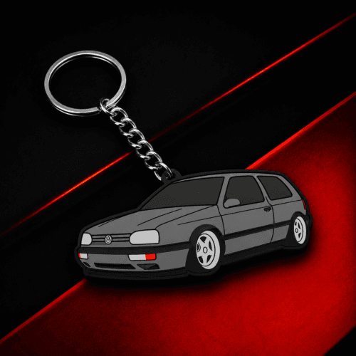 Llavero deportivo clásico estilo hatchback sobre fondo negro y rojo.