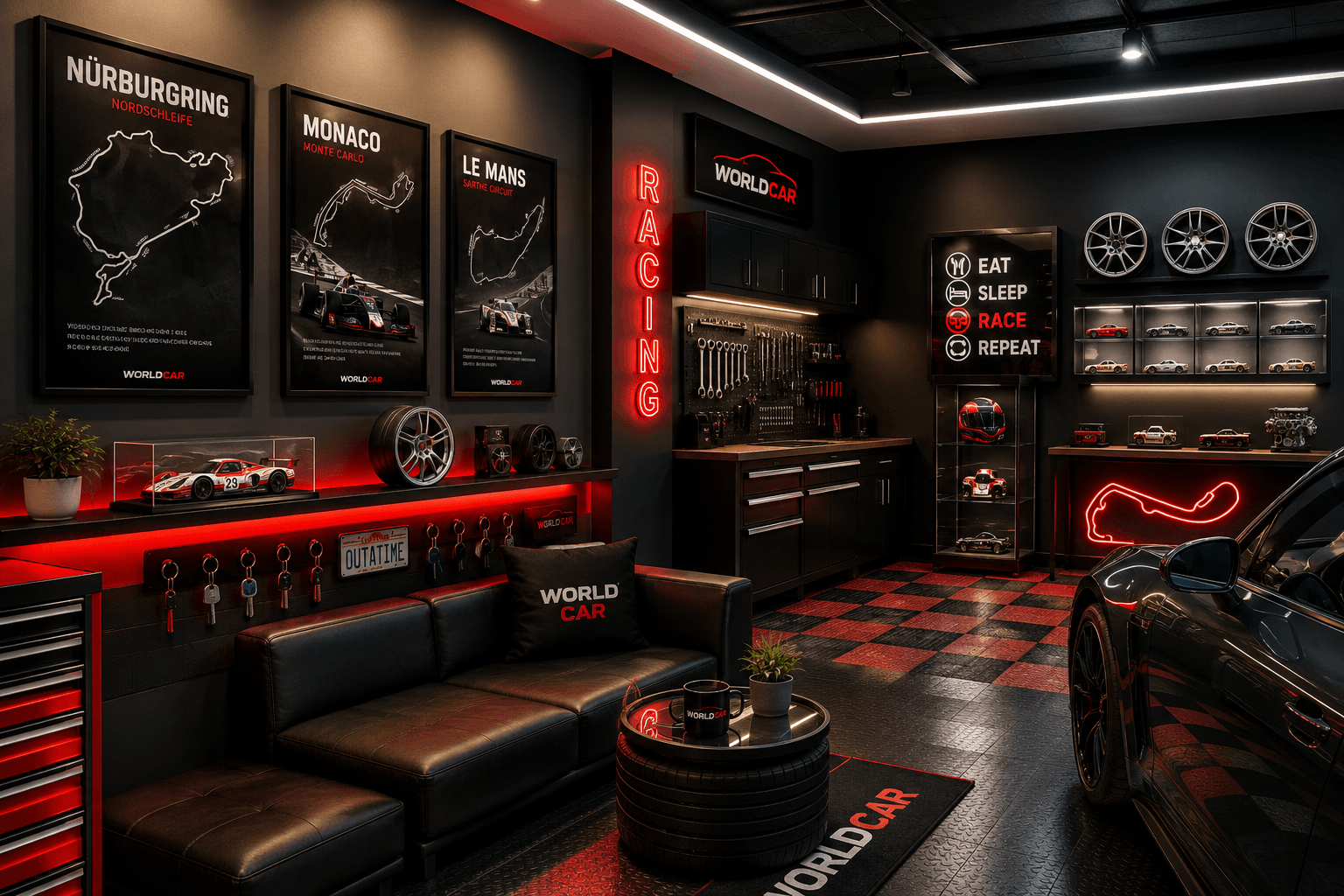 Garaje decorado con estilo racing en tonos negro y rojo con cuadros, lámparas y accesorios de motor