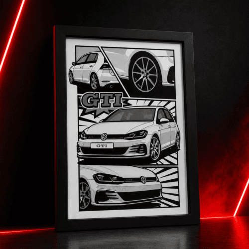 Cuadro decorativo estilo GTI en blanco y negro con diseño gráfico automovilístico y marco negro para decoración racing.